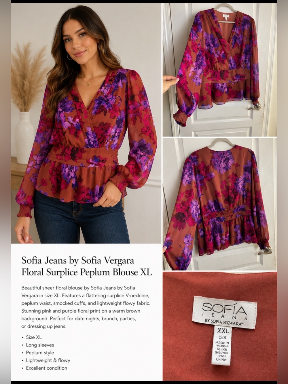 Sofia Jeans by Sofia Vergara Floral Surplice Peplum Blouse XL